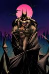  1boy 1girl absolute_batman absolute_dc absurdres animal_ear_helmet animal_helmet arms_up bat_(animal) bat_mask batman batman_(absolute_dc) batman_(series) batman_symbol belt cape cat_helmet catwoman catwoman_(absolute_dc) city commentary dark-skinned_female dark_skin dc_comics english_commentary full_moon gabriel_yrion hands_on_another's_face helmet highres looking_at_viewer mask moon night shoulder_spikes spikes superhero_costume utility_belt 