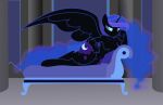 2015 anthro arm_on_hip big_butt biped black_body blue_eyes blue_hair breasts butt chair cutie_mark equid equine eyelashes featureless_breasts female friendship_is_magic furniture hair hasbro head_on_hand hi_res hooves horn huge_butt huge_thighs lounge_chair lounging mammal medium_breasts my_little_pony mythological_creature mythological_equine mythology nightmare_moon_(mlp) nude nude_female pupils rubbermage slit_pupils small_waist solo thick_thighs unguligrade wide_hips winged_unicorn wings 