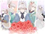  1boy absurdres bouquet commentary_request fire_emblem fire_emblem_fates fire_emblem_heroes grey_hair hair_ribbon happy_birthday high_ponytail highres japanese_clothes male_focus multiple_views nknaxs official_alternate_costume open_mouth orange_eyes ponytail red_ribbon ribbon takumi_(fire_emblem) takumi_(prince_of_soup)_(fire_emblem) 