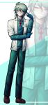  1boy ahoge aqua_background aqua_hair aqua_shirt arm_across_chest arturo_giles blue_eyes blue_gloves brown_shoes danganronpa:_despair_time finger_to_head full_body gloves green_pants hair_between_eyes highres jacket komatsuzaki_rui_(style) long_sleeves mask mouth_mask name_tag neck_ribbon ninhawesome open_clothes open_collar open_jacket pants red_ribbon ribbon rubber_gloves shirt shoes short_hair sleeves_rolled_up solo surgeon two-tone_background white_background white_jacket zoom_layer 