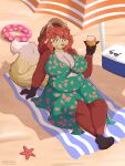  absurd_res anthro beach belly big_breasts breasts clothed clothing delphox dress female fluffy fluffy_tail fur generation_6_pokemon heterochromia hi_res lying lying_on_towel mestysa nintendo pokemon pokemon_(species) red_body red_fur sand slightly_chubby smile solo tail towel 