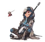  1girl ana_(overwatch) brown_eyes chibi dark_skin eyepatch facial_tattoo hood il_(ieru1826) mccree_(overwatch) overwatch tattoo weapon 