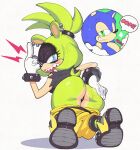  1boy 1girl blue_eyes bracelet bruise bruise_on_ass commentary commission english_commentary from_behind gloves green_eyes green_fur green_hair hand_on_own_ass highres injury inkerton-kun jewelry middle_finger open_mouth pants ponytail second-party_source sharp_teeth shirt shoes short_tail simple_background smile sonic_(series) sonic_the_hedgehog sonic_the_hedgehog_(idw) surge_the_tenrec tail teeth white_gloves yellow_pants yellow_shoes 