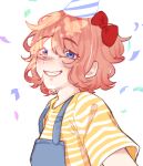  1girl birthday blue_eyes bow commentary confetti doki_doki_literature_club english_commentary hair_bow hat overalls party_hat pink_hair pockiseisont red_bow sayori_(doki_doki_literature_club) shirt smile solo striped_clothes striped_shirt yellow_shirt 