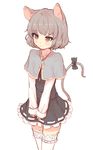  animal_ears blush bow capelet grey_hair highres jewelry miniskirt mouse_ears mouse_tail nazrin pendant petticoat red_eyes shone short_hair simple_background skirt skirt_set solo tail tail_bow thighhighs touhou v_arms white_background white_legwear zettai_ryouiki 