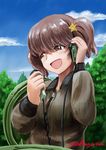  abazu-red alisa_(girls_und_panzer) bangs brown_eyes brown_hair brown_jacket cloud cloudy_sky day forest freckles girls_und_panzer hair_ornament headphones highres jacket long_sleeves looking_to_the_side military military_uniform nature open_mouth radio saunders_military_uniform short_hair short_twintails signature sky smug solo star star_hair_ornament tank_turret tree twintails twitter_username uniform 