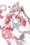  1girl absurdres animal_ears apron bell bow bow_legwear bowtie breasts byakuya_23 cat_ears cat_tail center_frills character_name choker cleavage closed_mouth detached_sleeves double-parted_bangs dress floating_hair food_print frilled_sleeves frilled_thighhighs frills frown fruit_print grey_hair hair_bell hair_intakes hair_ornament hair_ribbon heart highres large_breasts long_hair long_sleeves maid maid_headdress miniskirt multicolored_hair neneko_mashiro paw_pose pink_bow pink_bowtie pink_eyes pink_ribbon pink_skirt pink_sleeves print_skirt red_choker ribbon shirt simple_background skirt skirt_bow sleeve_bow solo stellive strapless strapless_shirt strawberry_print streaked_hair tail tail_bow tail_ornament thighhighs twintails very_long_hair virtual_youtuber waist_apron white_apron white_background white_bow white_dress white_shirt white_thighhighs zettai_ryouiki 