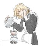  1girl alternate_costume apron black_dress black_lips blonde_hair coffee_pot dress enmaided frilled_apron frills green_eyes holding holding_teapot jrnc23 langley_(path_to_nowhere) maid path_to_nowhere pouring short_hair teapot waist_apron white_apron 