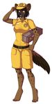 anthro barefoot brown_hair clothed clothing delivery digitigrade fangs female fur hair hat hyena kitsunewaffles-chan looking_at_viewer mammal package smile solo spots spotted_fur uniform yellow_eyes 