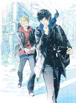  2boys ^_^ amamiya_ren animal_in_bag backpack bag black-framed_eyewear black_coat black_hair black_jacket black_pants blazer blonde_hair blue_scarf blush breath building buttons cat character_snowman closed_eyes coat commission drawstring footprints hand_up highres holding hood hood_down hoodie jacket long_sleeves looking_at_another looking_back male_focus mihuashi_commission monochrome_background morgana_(cat)_(persona_5) morgana_(persona_5) multiple_boys open_clothes open_coat open_jacket open_mouth outdoors pants parted_lips persona persona_5 plaid_clothes plaid_pants power_lines red_hoodie sakamoto_ryuji scarf school_uniform short_hair shoulder_bag shuujin_academy_school_uniform smile snow snow_rabbit snowing snowman toggles utility_pole very_short_hair walking watermark weny winter winter_clothes 