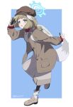 1girl animal_ears backpack bag blue_archive breasts brown_coat brown_hair brown_shoes brown_skirt coat commentary_request green_eyes hair_bobbles hair_ornament halo highres holding holding_pen light_blush long_sleeves looking_at_viewer medium_hair minowa_sukyaru notepad open_clothes open_coat open_mouth pen shirt shoes skirt sleeves_past_wrists slit_pupils small_breasts smile socks solo standing standing_on_one_leg tail twitter_username white_shirt yakumo_(blue_archive) 