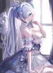  1girl absurdres arm_support bare_shoulders blue_eyes blush bow cinderella_(glass_princess)_(nikke) cinderella_(nikke) closed_mouth commentary_request corset cowboy_shot crown detached_sleeves dress eb_030 flower goddess_of_victory:_nikke hair_bow hair_ornament hair_over_one_eye hand_up highres korean_commentary long_bangs long_hair looking_at_viewer mini_crown official_alternate_costume rose see-through_clothes short_sleeves sidelocks silver_choker sitting solo twintails vase very_long_hair white_corset white_dress white_flower white_hair white_nails white_rose window 