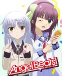  2girls ;d angel_beats! anniversary black_skirt blue_skirt blunt_bangs blush closed_mouth collared_shirt commentary_request confetti copyright_name cowboy_shot eyes_visible_through_hair green_eyes grey_hair hair_between_eyes hairband hands_up happy highres holding holding_party_popper index_finger_raised jacket lelie_(lelie_link) long_hair long_sleeves looking_at_viewer medium_hair multiple_girls nakamura_yuri neck_ribbon neckerchief one_eye_closed open_mouth party_popper pink_neckerchief pleated_skirt purple_hair purple_hairband ribbon sailor_collar sailor_shirt shinda_sekai_sensen_uniform shirt sidelocks simple_background skirt smile split_mouth tachibana_kanade white_background white_shirt yellow_eyes yellow_jacket yellow_ribbon 