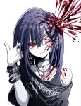  1girl black_choker black_shirt blood blood_in_hair blood_on_face bracelet brain chain chain_necklace choker clothes_writing colored_skin commentary_request cross cross_necklace ear_piercing earrings exposed_brain finger_gun finger_gun_to_head gorezono_neo_(yu-ki_iwata) grin guro hair_between_eyes highres jewelry looking_at_viewer medium_hair necklace off_shoulder one_eye_closed original piercing purple_hair red_eyes ring shirt simple_background single_bare_shoulder smile solo spiked_bracelet spiked_choker spikes teeth upper_body v-shaped_eyebrows white_background white_skin yu-ki_iwata 