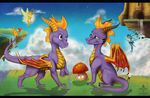  black_bars blue_eyes curved_horn day detailed_background dragon grass group horn insect_wings kitty_silence male membranous_wings nude outside purple_eyes purple_skin sky smile spyro spyro_the_dragon sun video_games wings 