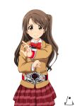  1girl arms_up artist_logo belt-san bow brown_eyes brown_hair brown_sweater cardigan collared_shirt commentary_request henshin_pose idolmaster idolmaster_cinderella_girls jabara_tornado kamen_rider kamen_rider_drive_(series) logo long_hair long_sleeves looking_at_viewer nervous new_generations_(idolmaster) plaid_clothes plaid_skirt red_bow red_skirt shimamura_uzuki shirt simple_background skirt solo straight-on sweatdrop sweater white_background white_shirt 