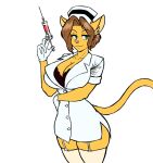 anthro bottomwear breasts brown_hair buckle chisheq clothing domestic_cat ears_down eyebrows felid feline felis female fur green_eyes hair hat headgear headwear hi_res mammal needler nurse nurse_clothing nurse_hat nurse_headwear nurse_uniform open_mouth pivoted_ears poland polish_people's_republic skirt smile smiling_at_viewer solo uniform wearing_hat yellow_body yellow_fur zofia_(chisheq)