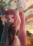  1girl :d absurdres aiueo_otoko armpits arms_up black_shirt bow-shaped_hair breasts character_hair_ornament cloud commentary_request eyelashes hair_ornament highres iono_(pokemon) open_mouth outdoors pokemon pokemon_scarlet_and_violet shirt sky sleeveless sleeveless_shirt smile solo teeth twilight upper_teeth_only wading water 