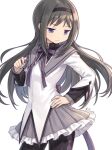  1girl akemi_homura akemi_homura_(magical_girl) argyle_clothes argyle_pantyhose black_hair black_hairband black_pantyhose commentary frilled_skirt frills hairband hand_on_own_hip highres long_hair looking_to_the_side magical_girl mahou_shoujo_madoka_magica mahou_shoujo_madoka_magica_(anime) pantyhose purigetsu purple_eyes purple_skirt simple_background skirt solo twitter_username untranslatable_commentary white_background 