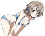  bent_over blue_bra blue_eyes blue_panties blush bra breasts cleavage collarbone hair_ornament hair_scrunchie light_brown_hair looking_at_viewer love_live! love_live!_sunshine!! medium_breasts panties rozen5 scrunchie short_twintails simple_background smile solo strap_slip twintails underwear underwear_only watanabe_you white_background 