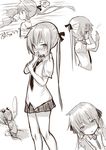  blush greyscale highres himari_ii kill_me_baby kiss long_hair monochrome multiple_girls necktie object_kiss oribe_yasuna puppet ribbon school_uniform short_hair skirt sonya_(kill_me_baby) translation_request twintails 