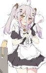  1girl @_@ ahoge apron black_dress blush bow breasts cube dress gradient_hair green_bow grey_hair hair_between_eyes henya_the_genius highres indie_virtual_youtuber jewelry long_bangs long_hair maid_apron maid_day maid_headdress multicolored_hair necklace open_mouth orobou purple_hair scared small_breasts tail tail_bow tail_ornament twintails virtual_youtuber white_wrist_cuffs wrist_cuffs yellow_eyes 