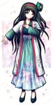  1girl blue_ribbon blue_shoes butterfly-shaped_pupils butterfly_hair_ornament cherry_blossoms china_dress chinese_clothes danganronpa:_despair_time dress floral_print flower green_eyes green_hair hair_ornament hairband hand_on_own_chest highres hu_jing komatsuzaki_rui_(style) loafers long_hair long_ribbon long_sleeves ninhawesome one_eye_closed open_hand outstretched_arm pink_background red_hairband ribbon sash shoes smile solo symbol-shaped_pupils two-tone_background white_background wide_sleeves 