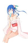  alternate_costume blue_hair breasts cleavage dress food fruit hair_ornament hinanawi_tenshi holding japanese_clothes kimono long_hair long_sleeves looking_at_viewer medium_breasts off_shoulder peach pink_dress popsicle red_eyes short_dress simple_background sitting solo tetsurou_(fe+) touhou white_background 