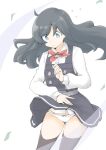  1girl akara_kai asashio_(kancolle) asashio_kai_ni_(kancolle) black_hair black_thighhighs blue_eyes blush commentary_request dress highres kantai_collection long_hair long_sleeves looking_at_viewer neck_ribbon outdoors panties pinafore_dress red_ribbon ribbon school_uniform shirt sky sleeveless sleeveless_dress solo thighhighs underwear white_panties white_shirt wind wind_lift 