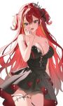  1girl absurdres akane_lize alternate_hairstyle arm_at_side black_dress black_ribbon breasts byakuya_23 commentary cowboy_shot crown double-parted_bangs dress fang grey_eyes hair_between_eyes hair_intakes hair_ribbon hand_up high-low_dress highres large_breasts long_bangs long_hair mini_crown multicolored_hair red_hair ribbon simple_background skin_fang solo standing stellive strapless strapless_dress streaked_hair two_side_up very_long_hair virtual_youtuber white_background 