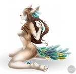  anthro breasts canine feathers featureless_breasts female kneeling mammal nude simple_background smile solo white_background xxmteexx 