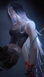  1girl angell_(path_to_nowhere) bare_arms black_hair black_tank_top chain chained from_below from_side gloves gradient_hair midriff multicolored_hair parted_bangs path_to_nowhere qingci red_gloves sleeveless solo tank_top 