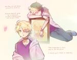  1boy antenna_hair arm_rest ben-day_dots black_choker blonde_hair blue_eyes blue_shoes bracelet bug butterfly choker closed_eyes commentary danganronpa:_despair_time earrings english_commentary english_text faceless faceless_female fading gradient_hair grey_pants hair_intakes hair_over_one_eye highres hood hoodie jewelry leaning_on_object long_hair loose_clothes mother_and_child mother_and_son multicolored_hair multiple_rings multiple_views no_mouth pants parent_and_child parted_lips picture_frame pink_butterfly pink_hoodie pink_streaks portrait_(object) purple_shirt purple_vest ring screentones shadow shirt shoes short_hair single_earring sneakers solo streaked_hair undershirt vest wavy_hair whit_young white_background xin_ci 