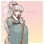  1boy commentary_request fire_emblem fire_emblem_fates fire_emblem_heroes grey_hair highres japanese_clothes long_hair male_focus nknaxs official_alternate_costume orange_eyes ponytail smile solo takumi_(fire_emblem) takumi_(valentine)_(fire_emblem) 