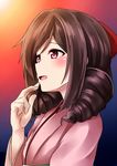  bow brown_hair drill_hair hair_bow hakama harukaze_(kantai_collection) highres japanese_clothes kamelie kantai_collection kimono long_hair meiji_schoolgirl_uniform red_eyes smile solo twin_drills 