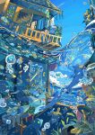  1girl absurdres air_bubble anglerfish balcony barefoot blue_sky blue_theme bottle brown_hair bubble building butterflyfish can chair closed_mouth cloud commentary_request dolphin fish flower highres ladder morning_glory nara_lalana ocean octopus one-piece_swimsuit original outdoors painting_(object) partially_underwater_shot plant purple_flower sea_turtle shark short_hair sitting sky smile solo starfish sunflower swimsuit tile_roof translation_request tropical_fish turtle underwater underwater_city vending_machine water window wooden_chair yellow_flower 