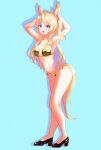  1girl absurdres animal_ears armpits arms_up bikini black_shoes blonde_hair blue_background blue_eyes blush breasts cleavage collarbone commentary_request full_body gold_bikini hair_ornament high_heels highres horse_ears horse_tail kimlarno_nazzo medium_breasts navel one_side_up open_mouth rabbit_pose shoes simple_background smile solo standing swimsuit tail umamusume victoire_pisa_(umamusume) 