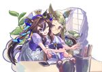  2girls ;d absurdres air_messiah_(umamusume) animal_ears blue_eyes blue_ribbon bow bowtie brown_hair commentary_request ear_covers ganemu_(0912015) glasses green_hair hair_between_eyes hair_ribbon highres horse_ears horse_girl horseshoe_ornament long_hair looking_at_another multicolored_hair multiple_girls one_eye_closed orange-framed_eyewear pleated_skirt puffy_short_sleeves puffy_sleeves purple_bow purple_bowtie purple_eyes purple_shirt ribbon sailor_collar sailor_shirt school_uniform shirt short_sleeves single_ear_cover skirt smile streaked_hair tracen_school_uniform twintails umamusume vivlos_(umamusume) white_ribbon white_skirt 