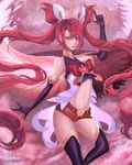  1girl alternate_costume alternate_hair_color elbow_gloves gloves jinx_(league_of_legends) league_of_legends lipstick long_hair magical_girl red_hair shorts solo star_guardian_jinx thighhighs twintails very_long_hair wings 