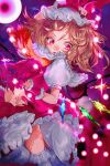  1girl \||/ arm_up blonde_hair blurry blurry_background commentary_request danmaku downturned_eyes dutch_angle eyelashes fangs fighting_stance film_grain fingernails flandre_scarlet floating_hair frilled_shirt_collar frilled_skirt frilled_socks frilled_wrist_cuffs frills hair_between_eyes hand_on_headwear hat highres kneehighs long_fingernails long_hair looking_down mob_cap one_side_up open_mouth puffy_short_sleeves puffy_sleeves red_eyes red_nails red_skirt red_vest red_wrist_cuffs ribbon-trimmed_socks ribbon_trim sharp_fingernails shirt short_sleeves skirt slit_pupils socks solo suiyama_akira teeth touhou vest white_hat white_shirt white_socks wrist_cuffs 