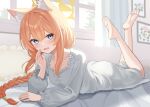  1girl absurdres animal_ear_fluff animal_ears arm_support ass barefoot blue_archive blue_eyes braid breasts commentary double-parted_bangs dress elbow_rest feet frilled_dress frills full_body halo hand_up highres legs_up long_hair long_sleeves looking_at_viewer lying mari_(blue_archive) mikeran5648 nightgown on_stomach open_mouth orange_hair single_braid small_breasts smile soles solo the_pose twitter_username very_long_hair watermark white_dress window yellow_halo 