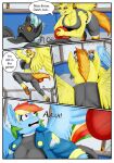  absurd_res anthro blue_body blue_fur breasts clothed clothing comic dialogue digital_media_(artwork) english_text equid equine feathered_wings feathers female friendship_is_magic fur group hair hasbro hi_res male male/female mammal multicolored_hair my_little_pony mythological_creature mythological_equine mythology open_mouth pegasus rainbow_dash_(mlp) rainbow_hair speech_bubble spitfire_(mlp) tail text thunderlane_(mlp) wings wonderbolts_(mlp) yellow_body zeroviks 
