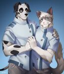 5_fingers anthro arm_tuft athletic biceps biped black_body black_claws black_ears black_eyebrows black_fur black_snout black_spots black_tail blue_background blue_clothing blue_coat blue_eyes blue_topwear bottomwear brown_body brown_fur button_(fastener) canid canine canis cheek_tuft claws closed_smile clothing coat cole_(remember_the_flowers) dalmatian digital_media_(artwork) domestic_cat domestic_dog duo elbow_tuft eye_spots eyebrows facial_markings facial_tuft felid feline felis finger_claws fingers floppy_ears fluffy fluffy_tail front_view fur gradient_background grey_bottomwear grey_clothing grey_pants hand_holding hand_on_another's_shoulder hand_on_shoulder head_markings head_tuft hi_res humanoid_hands inner_ear_fluff lab_coat looking_aside male mammal markings mask_(marking) mouth_closed pants pink_nose portrait purtropos remember_the_flowers sam_(remember_the_flowers) side_hug signature simple_background smile spots spotted_body spotted_fur tail thin_tail three-quarter_portrait topwear tuft two_tone_tail white_body white_clothing white_coat white_fur white_tail white_topwear yellow_eyes