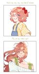  2girls birthday blue_eyes bow brown_hair commentary confetti doki_doki_literature_club english_commentary english_text green_eyes hair_bow hat highres long_hair monika_(doki_doki_literature_club) multiple_girls off-shoulder_sweater off_shoulder overalls party_hat pink_hair pockiseisont ponytail red_bow sayori_(doki_doki_literature_club) shirt smile striped_clothes striped_shirt sweater white_bow white_sweater yellow_shirt 