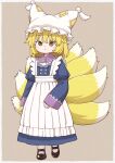  1girl :< alternate_costume animal_hat apron black_shoes blonde_hair blue_dress brown_background closed_mouth commentary_request dress enmaided fox_tail full_body hat highres juliet_sleeves kitsune long_sleeves maid maid_apron mary_janes medium_hair mob_cap multiple_tails poronegi puffy_sleeves shoes solo tail touhou white_apron yakumo_ran yellow_eyes 