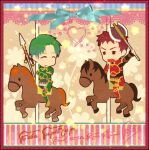  2boys armor axe carousel commentary_request double-sided_axe fire_emblem fire_emblem:_path_of_radiance green_armor green_hair holding holding_polearm holding_weapon horseback_riding kieran_(fire_emblem) male_focus multiple_boys oscar_(fire_emblem) polearm red_armor red_eyes red_hair riding short_hair weapon yyblue 