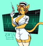 anthro bottomwear breasts brown_hair buckle chisheq clothing description domestic_cat ears_down eyebrows felid feline felis female fur green_eyes hair hat headgear headwear hi_res mammal needler nurse nurse_clothing nurse_hat nurse_headwear nurse_uniform pivoted_ears poland polish_people's_republic reference_image skirt smile smiling_at_viewer solo tail text uniform wearing_hat yellow_body yellow_fur zofia_(chisheq)
