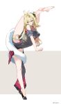  1girl absurdres alternate_costume bare_shoulders barefoot black_shoes blonde_hair breasts chalky_(zenless_zone_zero) cissia_(zenless_zone_zero) cosplay covered_navel flexible glasses grey_hair highres long_legs red_eyes scup shoes single_bare_foot snake snake_girl snake_tail standing standing_on_one_leg sweety_(zenless_zone_zero) sweety_(zenless_zone_zero)_(cosplay) tail tiptoes white_background zenless_zone_zero 