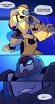  autobot bed blue_eyes bumblebee_(transformers) cartoon_network comic dialogue digital_media_(artwork) duo english_text hi_res humanoid longarm_prime machine male not_furry on_bed open_mouth pillow robot sandlake shockwave_(transformer) simple_background smile teeth text transformers transformers_animated 