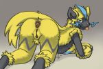 all_fours ankle_tuft anthro anus arm_support bedroom_eyes blonde_pubes blue_body blue_eyes blue_fur blue_markings blue_whiskers butt circle_eyebrows claws clitoris colored crossed_arms cute_fangs eyebrows fangs feet felid feline female flat_chested fluffy fur generation_7_pokemon genitals gradient_background grey_background grey_body grey_ears grey_eyebrows grey_feet grey_fur grey_markings hi_res hip_tuft humanoid_genitalia humanoid_vulva leaning_on_elbow leg_tuft legendary_pokemon lightning_bolt line_art looking_at_viewer mammal markings narrowed_eyes neck_tuft nintendo nude nude_anthro nude_female on_model orange_anus orange_body orange_clitoris orange_skin orange_tongue pokemon pokemon_(species) presenting presenting_anus presenting_hindquarters presenting_vulva pubes rear_view seductive shaded signature simple_background smile solo soyesoye striped_markings stripes tailless teeth tongue tongue_out tuft vulva whiskers white_claws white_nose yellow_body yellow_ears yellow_fur zeraora 